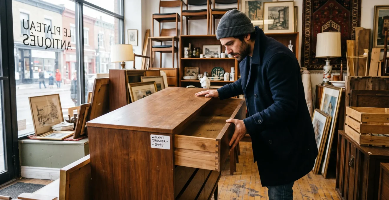 Un acheteur bascule légèrement une commode vintage en noyer dans une boutique de seconde main pour vérifier sa structure et l'assemblage des tiroirs.