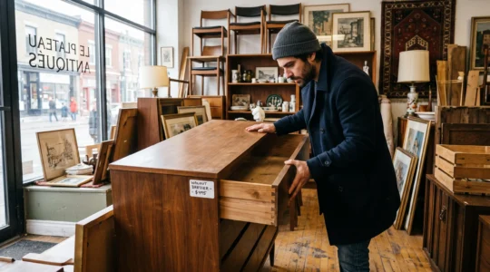 Un acheteur bascule légèrement une commode vintage en noyer dans une boutique de seconde main pour vérifier sa structure et l'assemblage des tiroirs.