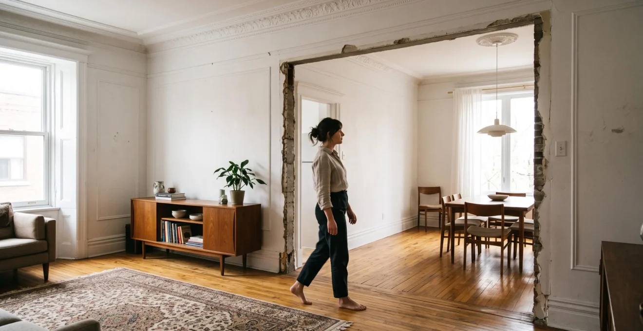 Vue d'ensemble d'un appartement ancien montréalais où une ouverture dans un mur laisse passer la lumière entre deux pièces en enfilade, une femme traversant l'espace.