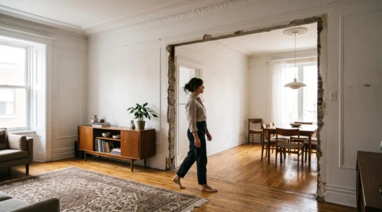 Vue d'ensemble d'un appartement ancien montréalais où une ouverture dans un mur laisse passer la lumière entre deux pièces en enfilade, une femme traversant l'espace.