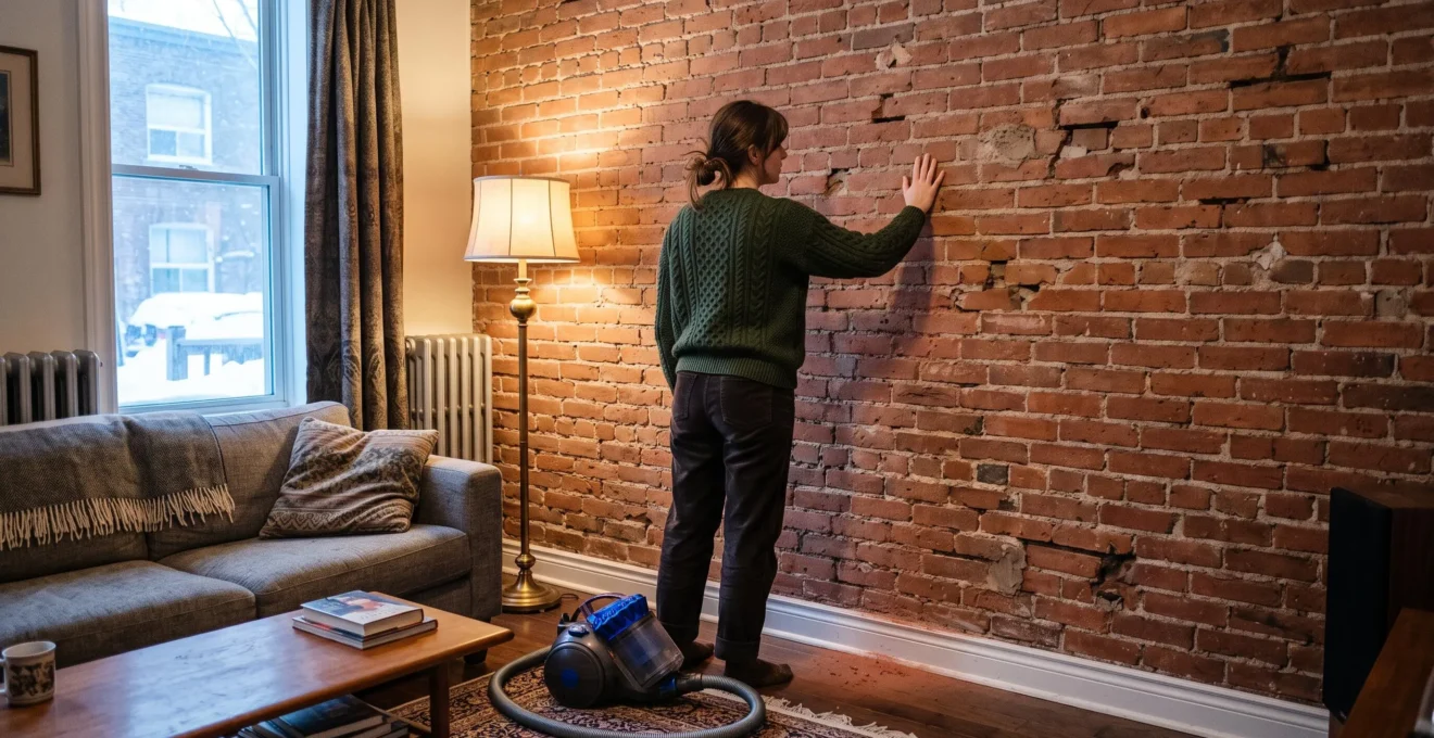 Une personne appuie sa paume sur un mur de briques apparentes friables dans un appartement montréalais en hiver, avec une fine poussière rouge au sol.