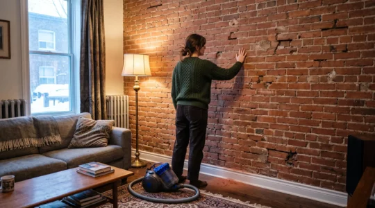 Une personne appuie sa paume sur un mur de briques apparentes friables dans un appartement montréalais en hiver, avec une fine poussière rouge au sol.