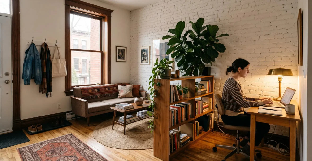 Un coin bureau installé dans le salon d'un 3½ montréalais, séparé par une bibliothèque ouverte et une plante, avec une personne travaillant de profil face au mur.