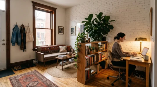 Un coin bureau installé dans le salon d'un 3½ montréalais, séparé par une bibliothèque ouverte et une plante, avec une personne travaillant de profil face au mur.