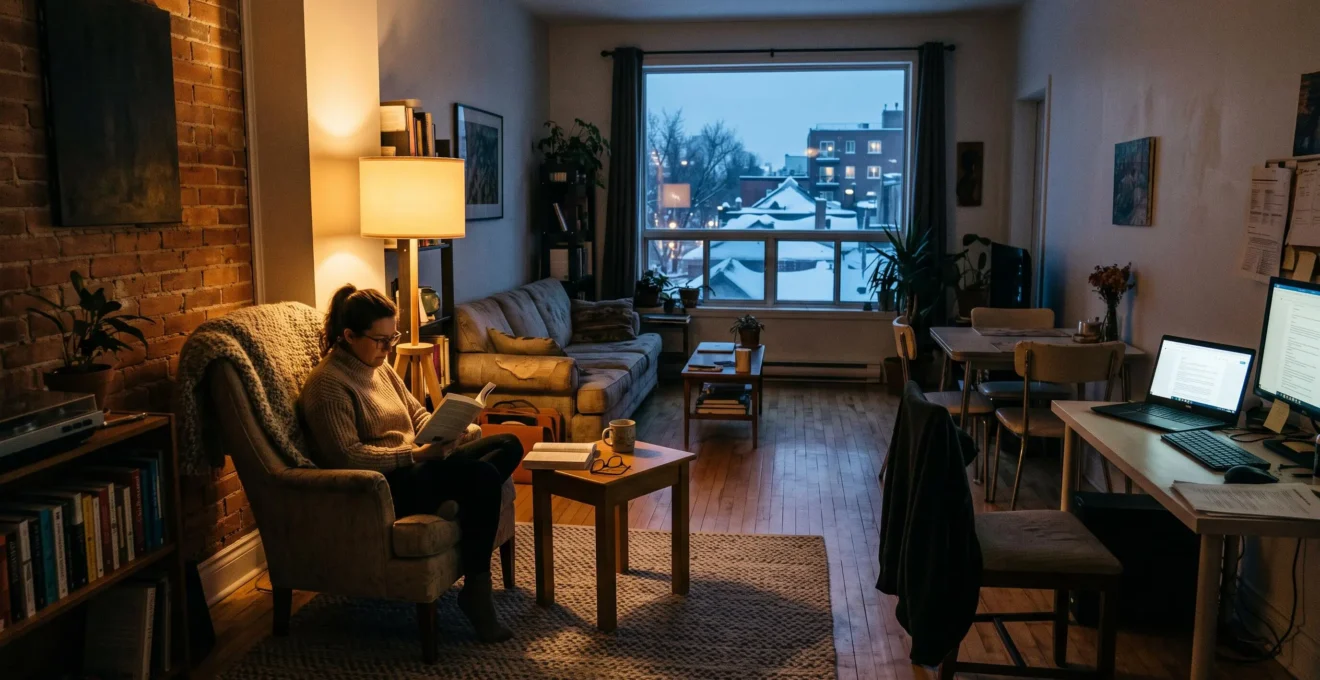 Une personne lit dans un fauteuil installé dans un coin de détente délimité par une lampe et un tapis, dans un petit condo montréalais en hiver.