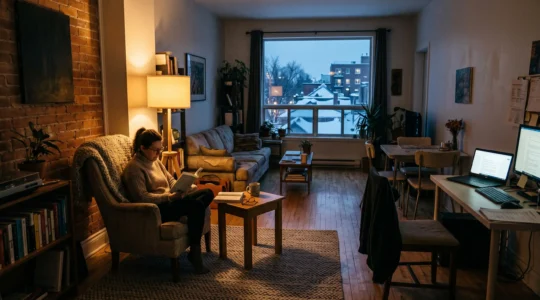 Une personne lit dans un fauteuil installé dans un coin de détente délimité par une lampe et un tapis, dans un petit condo montréalais en hiver.