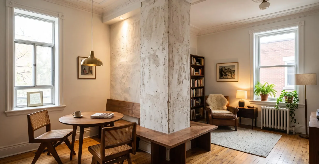 Salon d'un appartement montréalais où une colonne structurelle centrale est mise en valeur avec un banc en bois, un éclairage dirigé et deux zones de vie distinctes de part et d'autre.