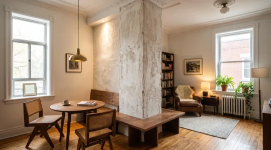 Salon d'un appartement montréalais où une colonne structurelle centrale est mise en valeur avec un banc en bois, un éclairage dirigé et deux zones de vie distinctes de part et d'autre.