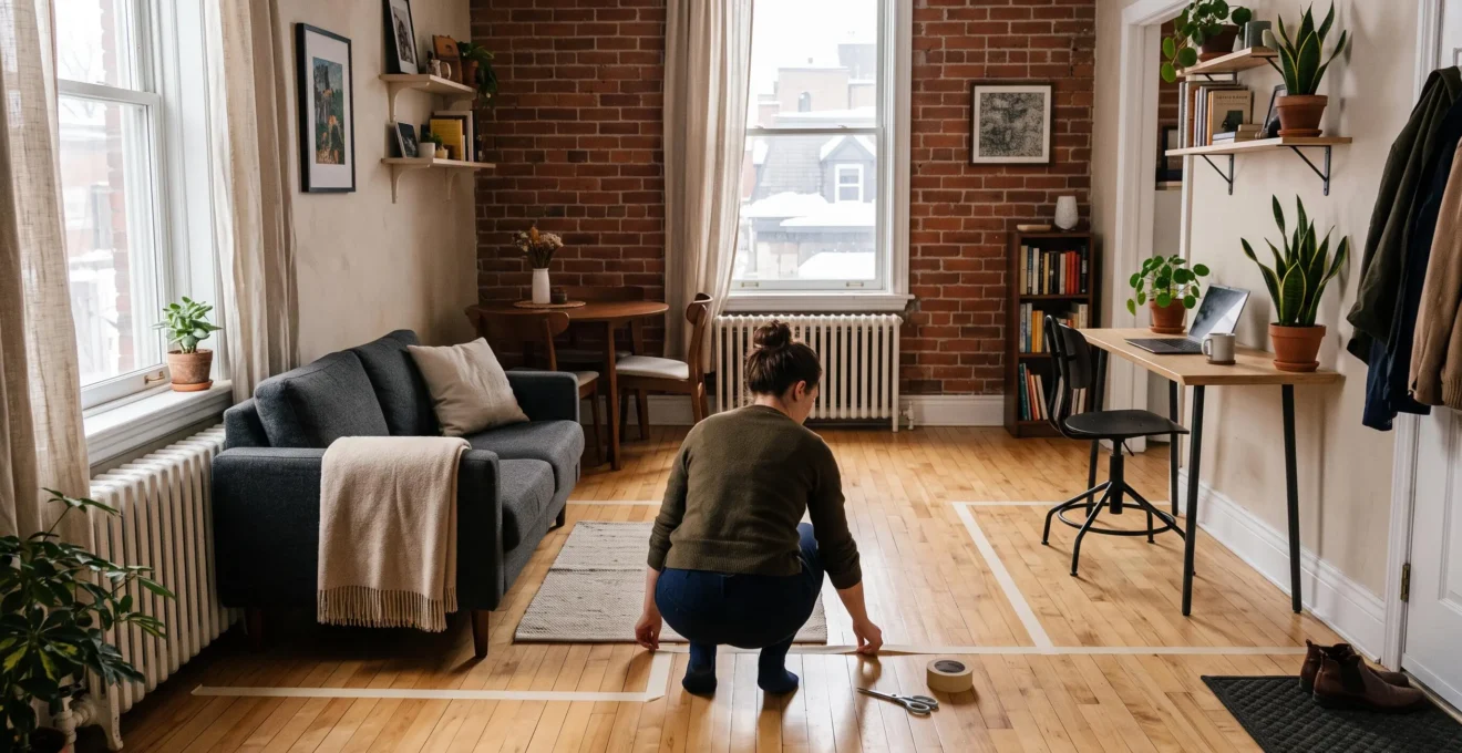 Une femme colle des bandes de ruban de masquage au sol d'un petit condo montréalais pour délimiter trois zones distinctes avant d'acheter ses meubles.