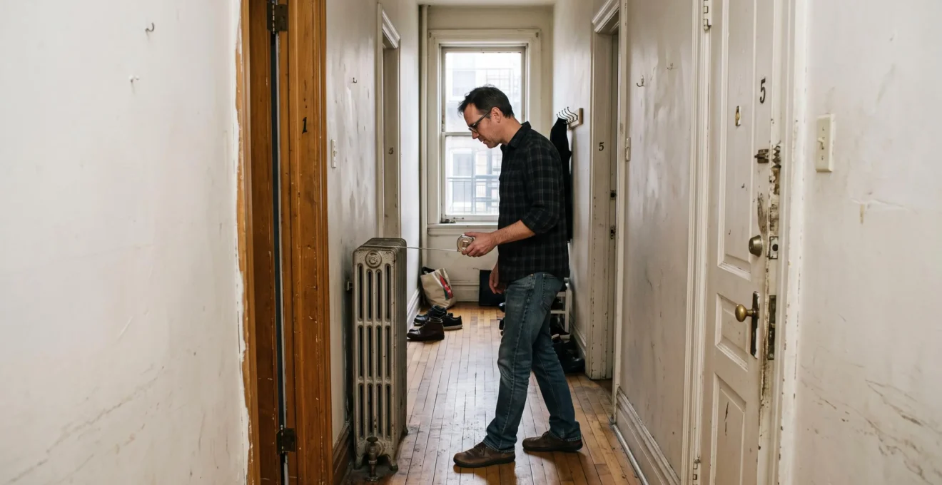 Un couloir étroit dans un appartement ancien de Montréal, une personne évaluant la largeur de passage entre un radiateur et une porte.