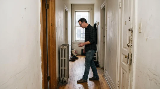 Un couloir étroit dans un appartement ancien de Montréal, une personne évaluant la largeur de passage entre un radiateur et une porte.