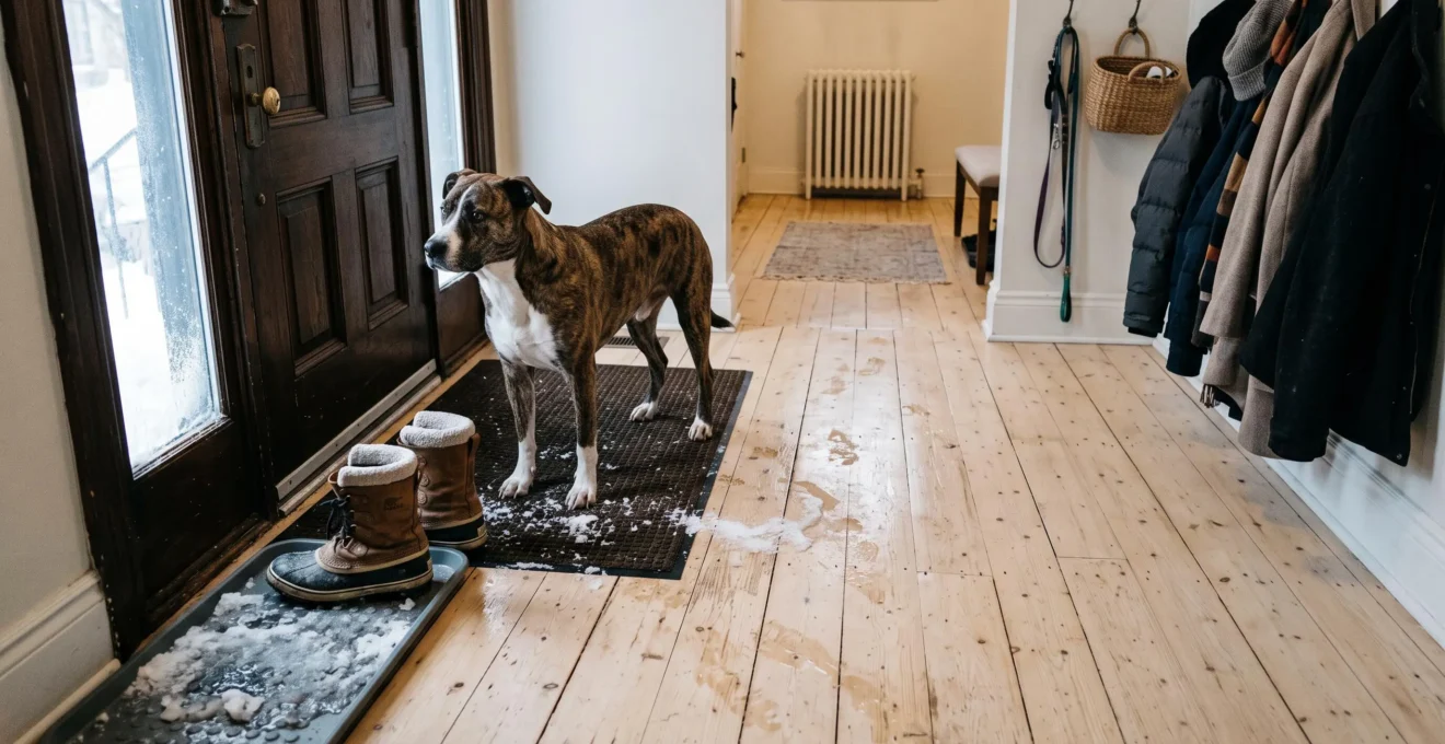 Entrée d'une maison montréalaise en hiver avec un grand chien près de la porte, des bottes mouillées sur un tapis et des traces de sel et de neige fondue sur un plancher de bois clair