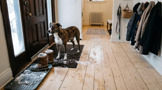 Entrée d'une maison montréalaise en hiver avec un grand chien près de la porte, des bottes mouillées sur un tapis et des traces de sel et de neige fondue sur un plancher de bois clair