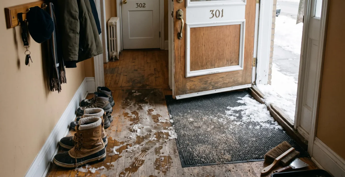 Entrée d'appartement montréalais en hiver avec bottes mouillées, sable et sel répandus sur le plancher près de la porte entrouverte.