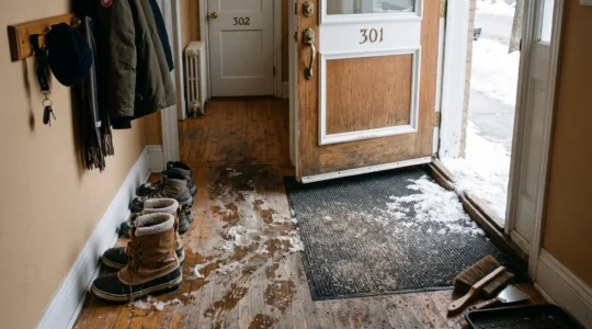 Entrée d'appartement montréalais en hiver avec bottes mouillées, sable et sel répandus sur le plancher près de la porte entrouverte.
