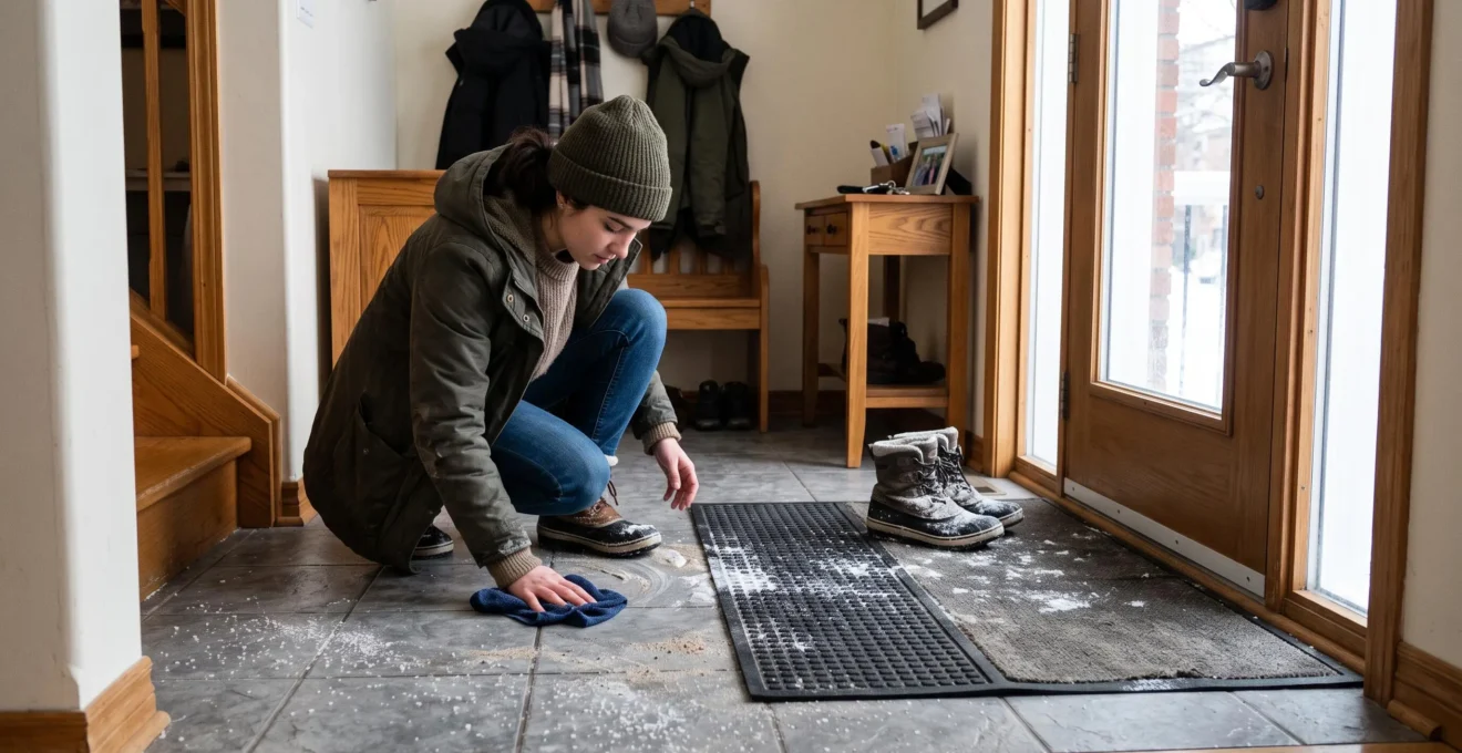 Une personne essuie le sol en céramique texturée d'une entrée montréalaise où du sable et des résidus de sel d'hiver sont visibles près du tapis d'entrée.