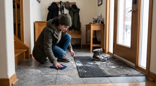Une personne essuie le sol en céramique texturée d'une entrée montréalaise où du sable et des résidus de sel d'hiver sont visibles près du tapis d'entrée.