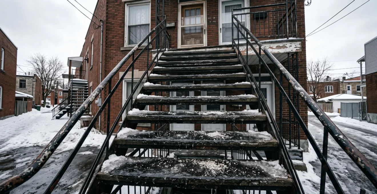 Escalier extérieur d'un plex montréalais aux marches usées recouvertes d'une fine pellicule de glace avec du sel résiduel épars.