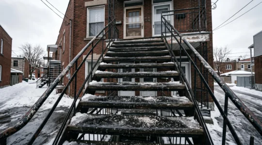 Escalier extérieur d'un plex montréalais aux marches usées recouvertes d'une fine pellicule de glace avec du sel résiduel épars.