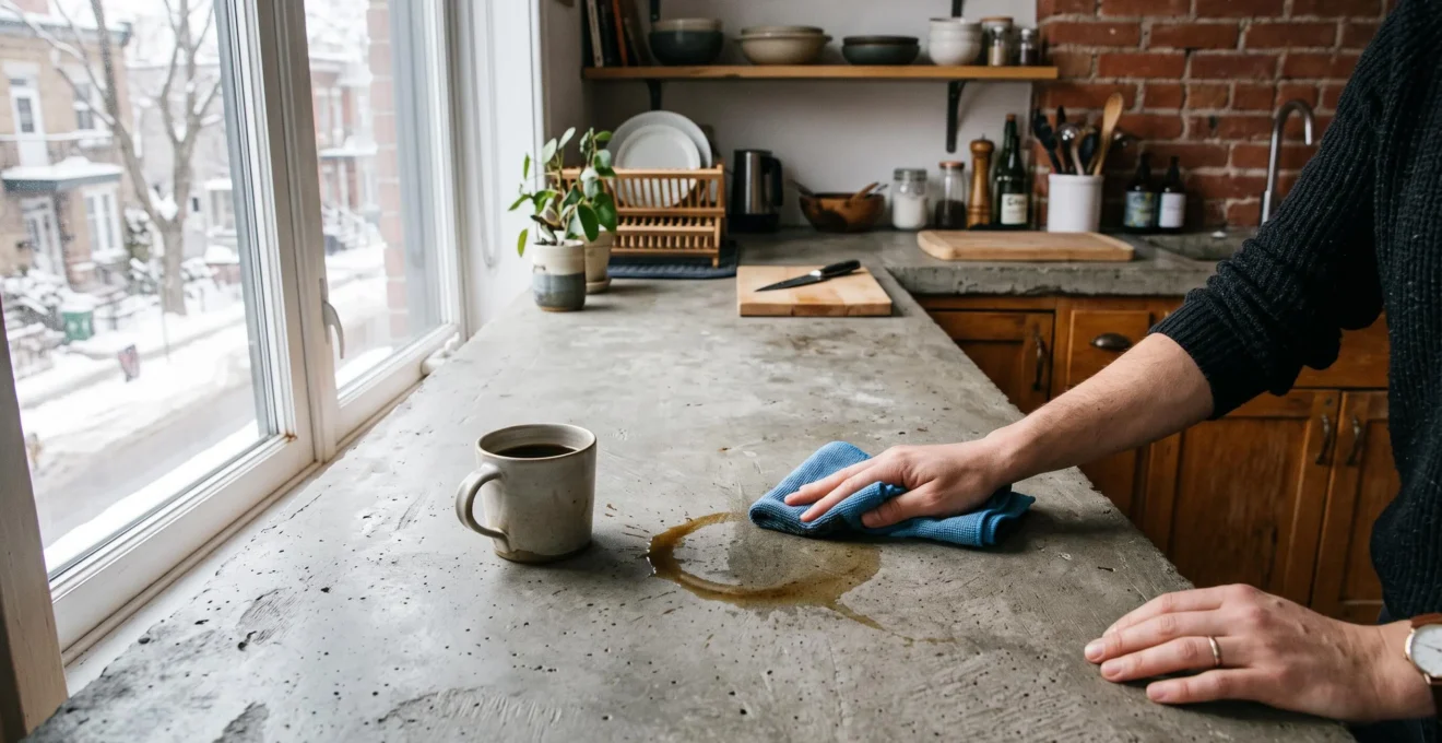 Une personne essuie rapidement une tache de café renversée sur un comptoir en béton brut mat dans une cuisine montréalaise.