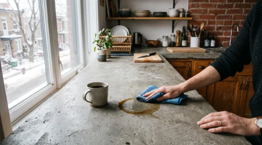 Une personne essuie rapidement une tache de café renversée sur un comptoir en béton brut mat dans une cuisine montréalaise.