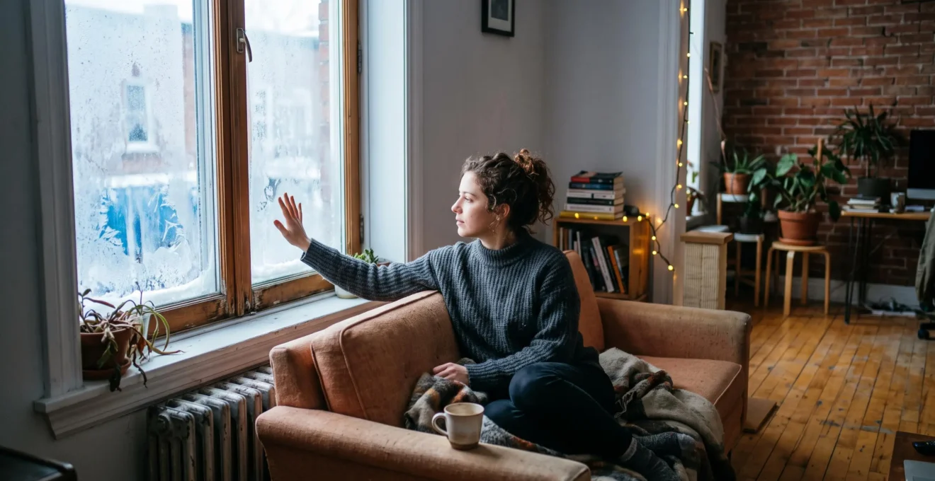 Une personne approche la main d'une grande fenêtre givrée dans un salon de Montréal en janvier pour sentir le froid près du vitrage.