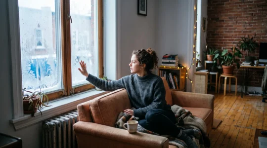 Une personne approche la main d'une grande fenêtre givrée dans un salon de Montréal en janvier pour sentir le froid près du vitrage.