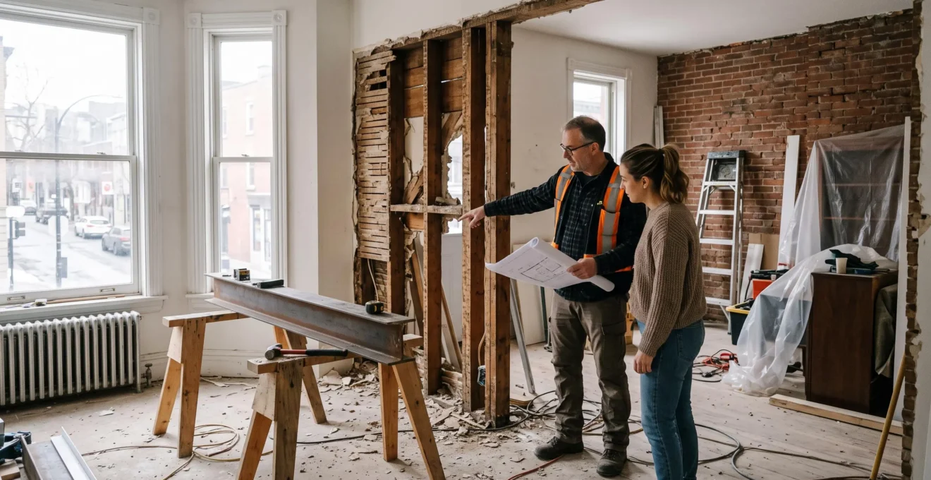 Un ingénieur en structure et un propriétaire examinent un mur partiellement démoli dans un plex montréalais, avec les solives de bois apparentes dans l'ouverture.