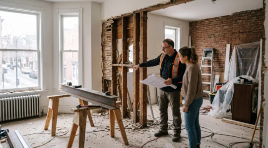 Un ingénieur en structure et un propriétaire examinent un mur partiellement démoli dans un plex montréalais, avec les solives de bois apparentes dans l'ouverture.