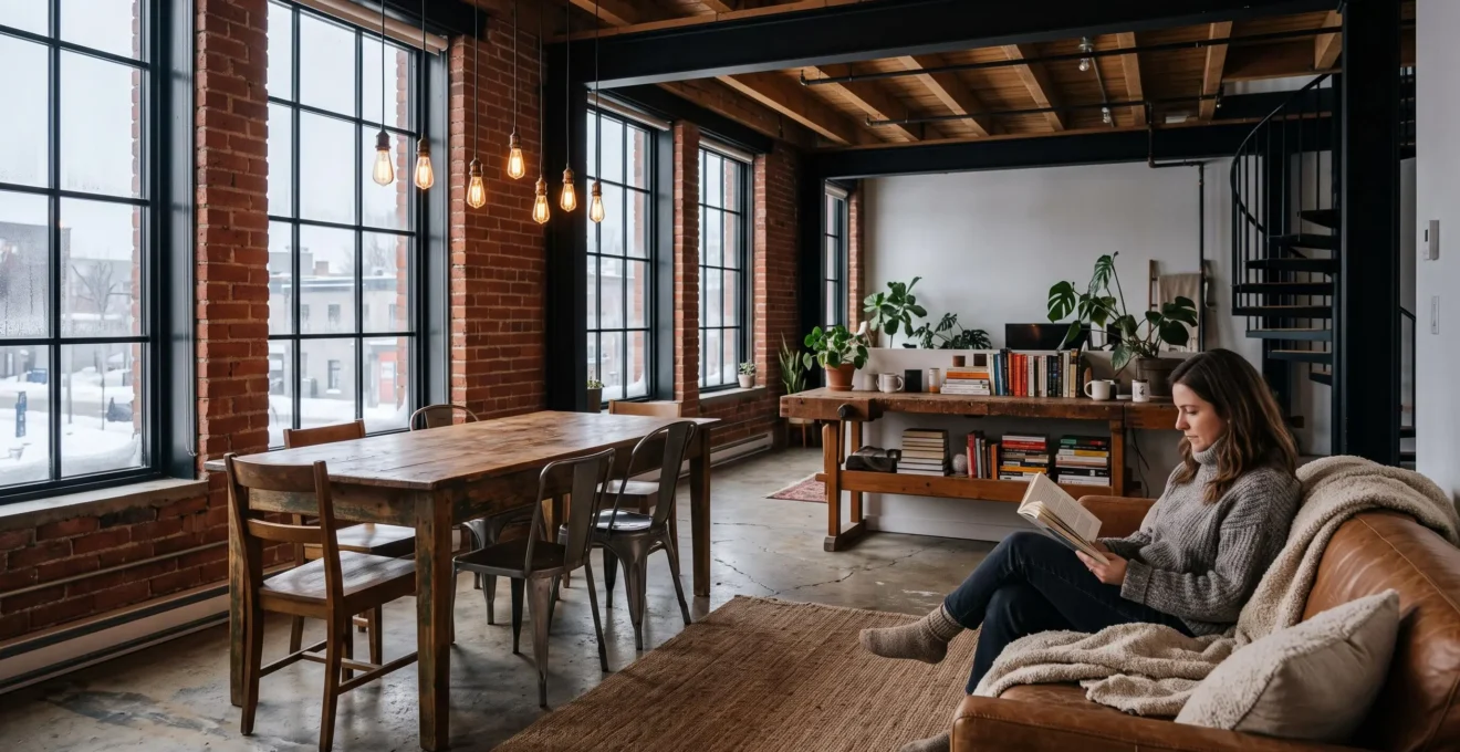 Un salon de loft montréalais en hiver mêlant brique apparente, poutre métallique, tapis en laine et éclairage chaud, avec une personne lisant sur un canapé.