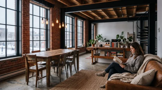 Un salon de loft montréalais en hiver mêlant brique apparente, poutre métallique, tapis en laine et éclairage chaud, avec une personne lisant sur un canapé.
