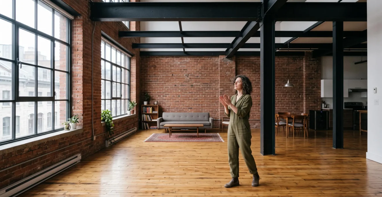 Un homme teste l'écho dans un loft montréalais à aire ouverte avec poutre et colonnes d'acier apparentes, mur de brique et plancher de bois franc.