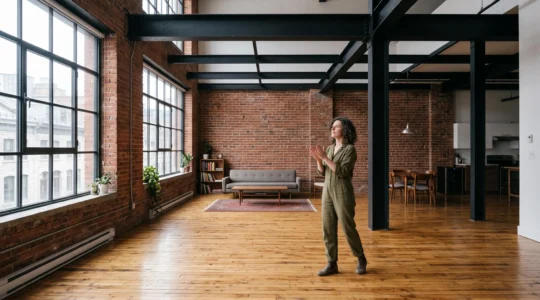 Un homme teste l'écho dans un loft montréalais à aire ouverte avec poutre et colonnes d'acier apparentes, mur de brique et plancher de bois franc.