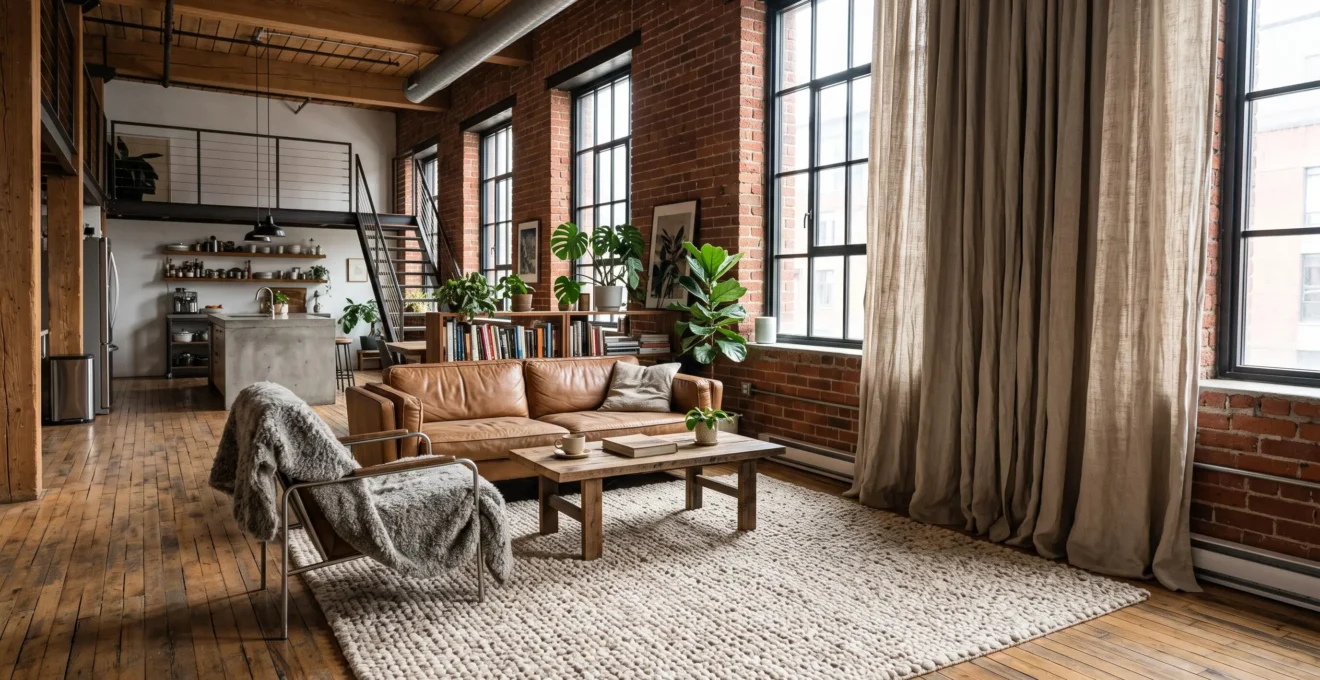 Salon de type loft montréalais avec briques apparentes, grand tapis en laine épaisse et rideaux en lin plissés devant de grandes fenêtres industrielles.