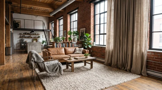Salon de type loft montréalais avec briques apparentes, grand tapis en laine épaisse et rideaux en lin plissés devant de grandes fenêtres industrielles.