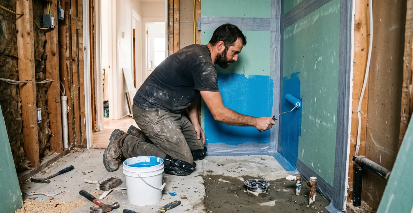 Un ouvrier applique une membrane d'étanchéité liquide sur les murs d'une douche en rénovation dans une petite salle de bain