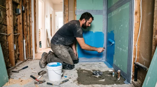 Un ouvrier applique une membrane d'étanchéité liquide sur les murs d'une douche en rénovation dans une petite salle de bain