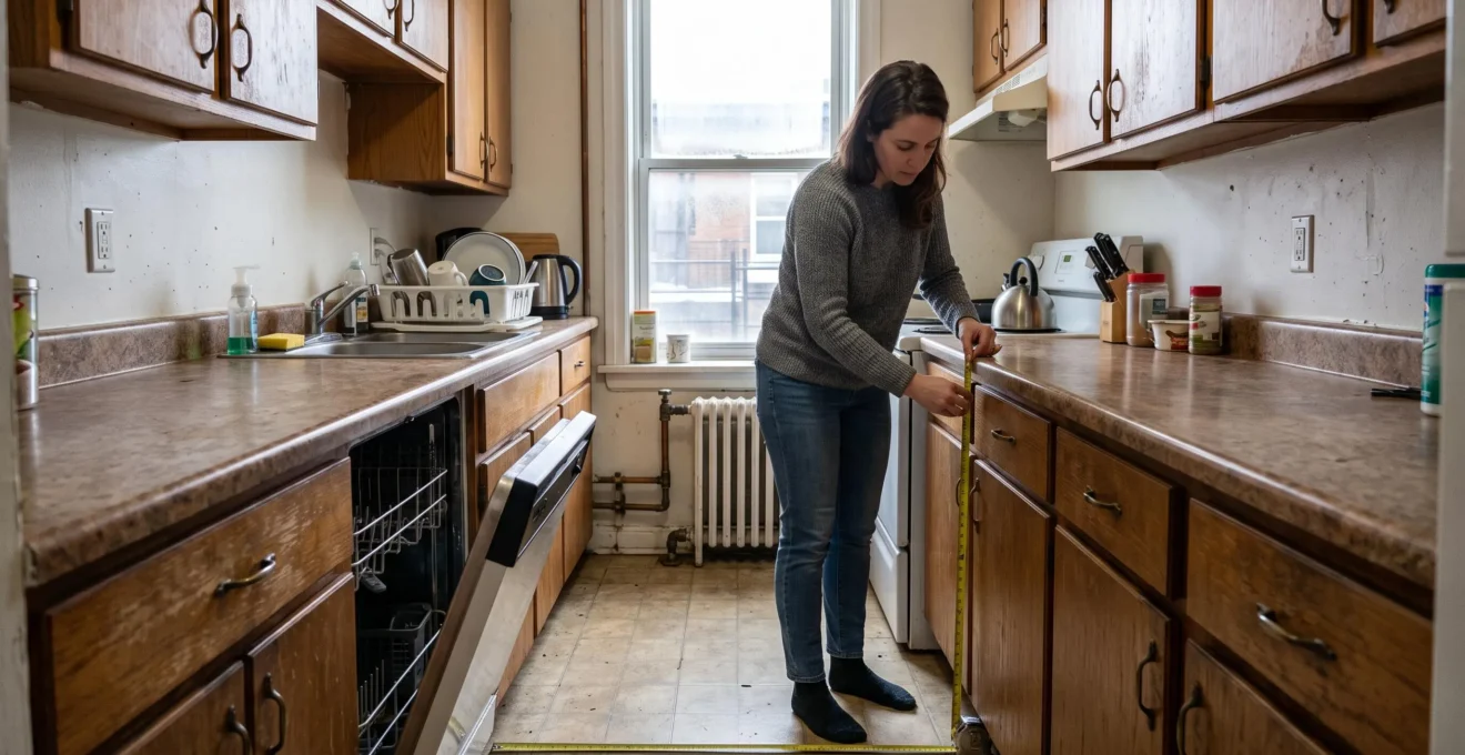 Une femme mesure la largeur libre d'une cuisine étroite en corridor dans un plex montréalais, la porte du lave-vaisselle ouverte bloquant partiellement le passage.