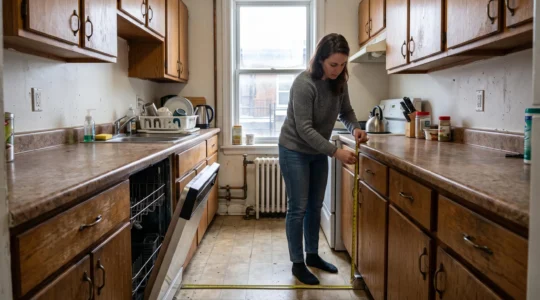 Une femme mesure la largeur libre d'une cuisine étroite en corridor dans un plex montréalais, la porte du lave-vaisselle ouverte bloquant partiellement le passage.