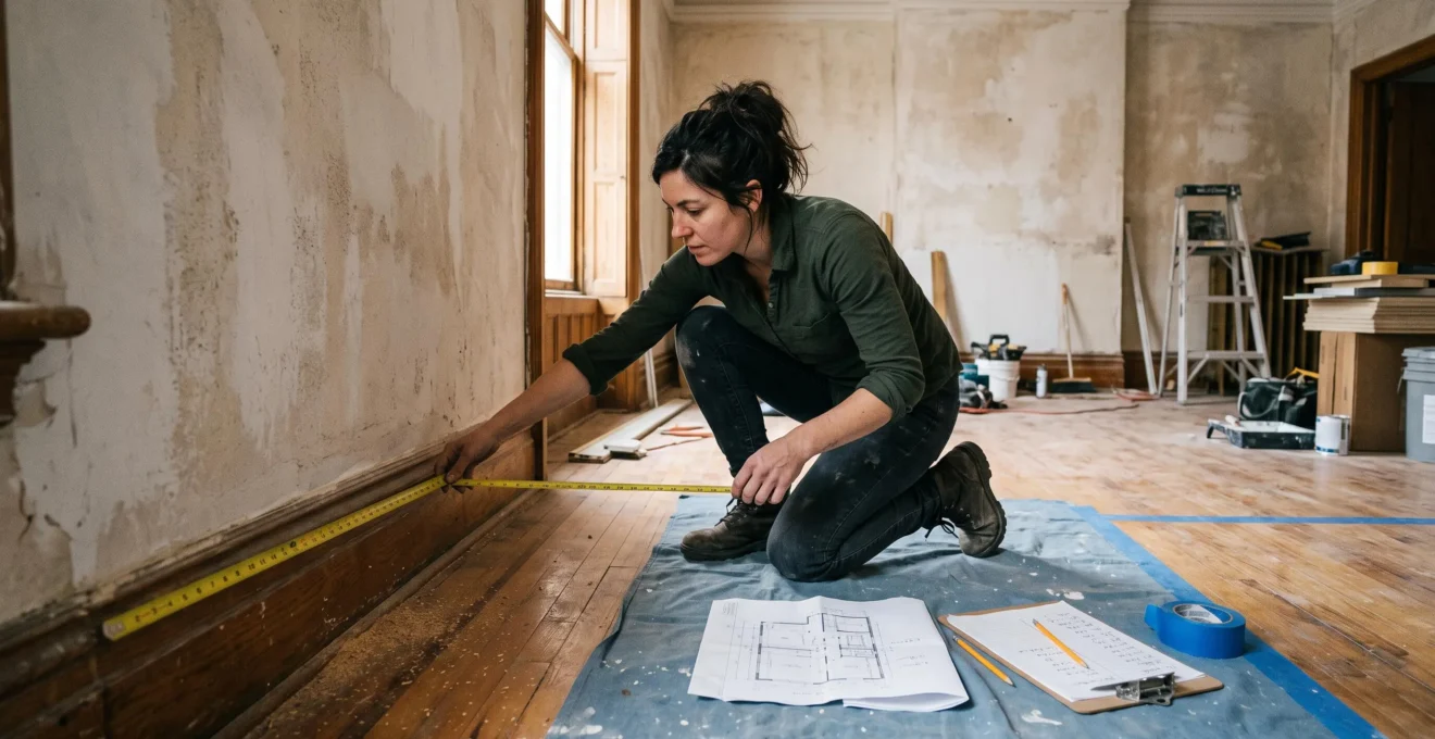 Une femme mesure un mur avec un mètre ruban dans un appartement en rénovation, plan annoté et ruban de masquage au sol.