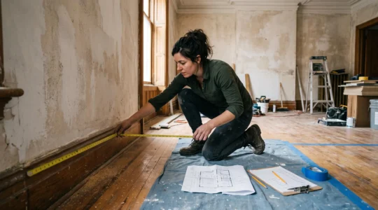 Une femme mesure un mur avec un mètre ruban dans un appartement en rénovation, plan annoté et ruban de masquage au sol.