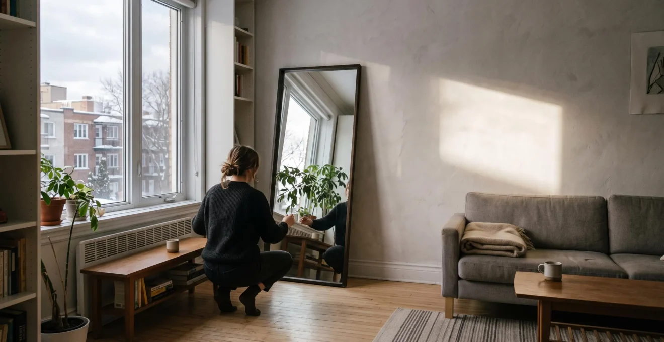 Une personne incline un grand miroir sur pied dans un salon montréalais en hiver pour renvoyer la lumière de la fenêtre vers le mur opposé.