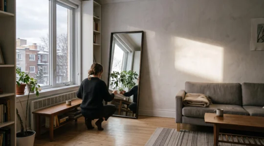 Une personne incline un grand miroir sur pied dans un salon montréalais en hiver pour renvoyer la lumière de la fenêtre vers le mur opposé.