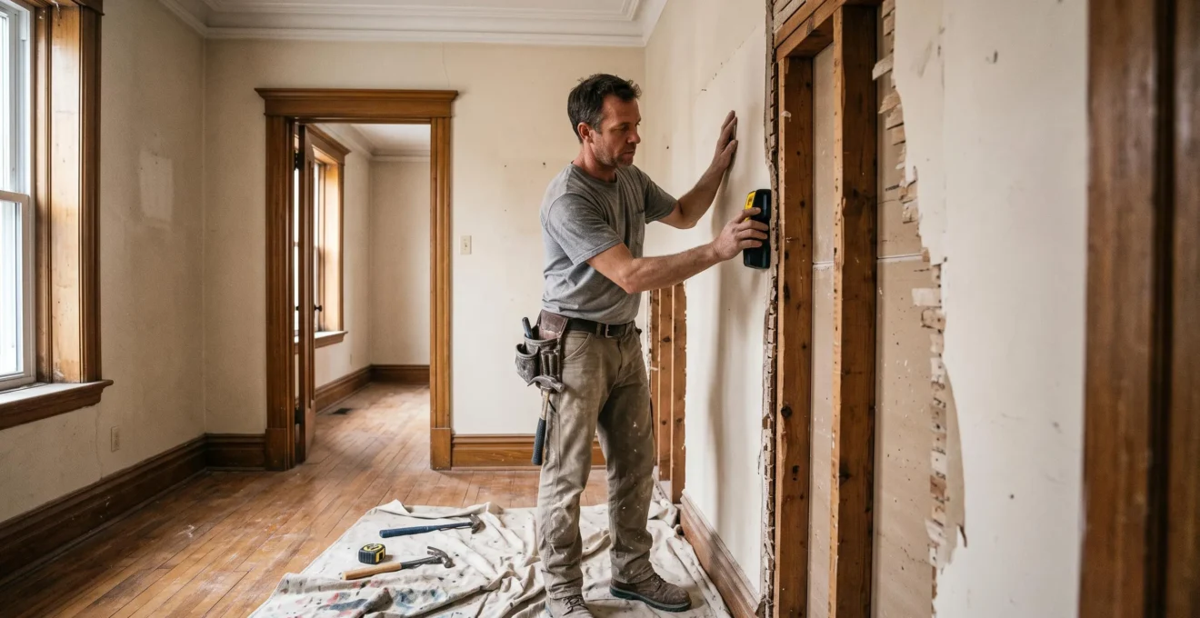 Un ouvrier examine la structure de montants exposés dans une cloison partiellement ouverte d'un plex montréalais avant des travaux.
