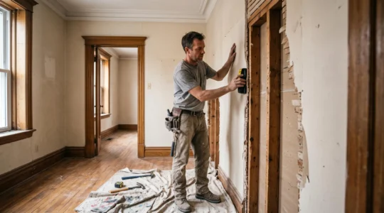 Un ouvrier examine la structure de montants exposés dans une cloison partiellement ouverte d'un plex montréalais avant des travaux.