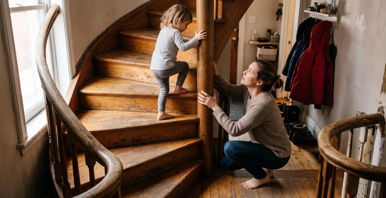 Un parent accroupi au pied d'un escalier en colimaçon surveille un jeune enfant qui monte les marches étroites près du noyau central.
