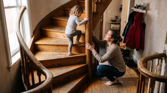 Un parent accroupi au pied d'un escalier en colimaçon surveille un jeune enfant qui monte les marches étroites près du noyau central.