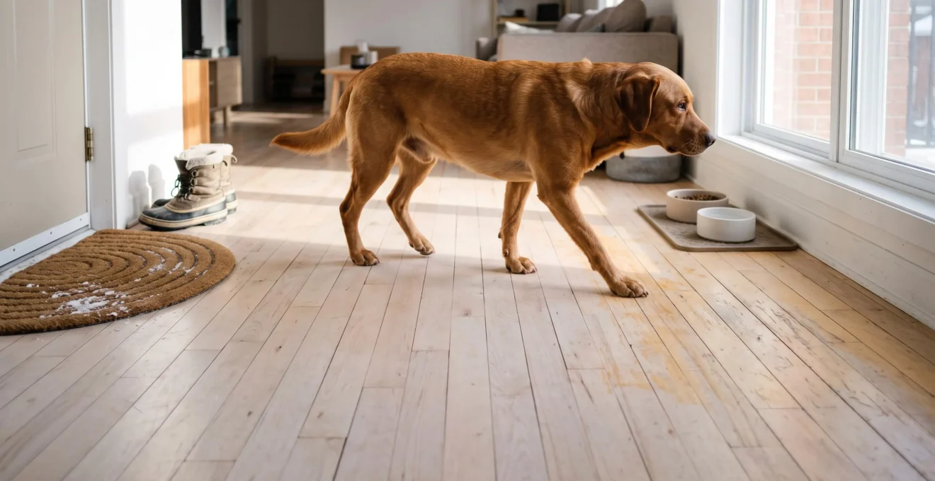Un gros chien marche sur un plancher de bois clair baigné de soleil d'hiver près d'une grande fenêtre, avec de légères marques visibles sur le bois pâle.