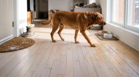 Un gros chien marche sur un plancher de bois clair baigné de soleil d'hiver près d'une grande fenêtre, avec de légères marques visibles sur le bois pâle.