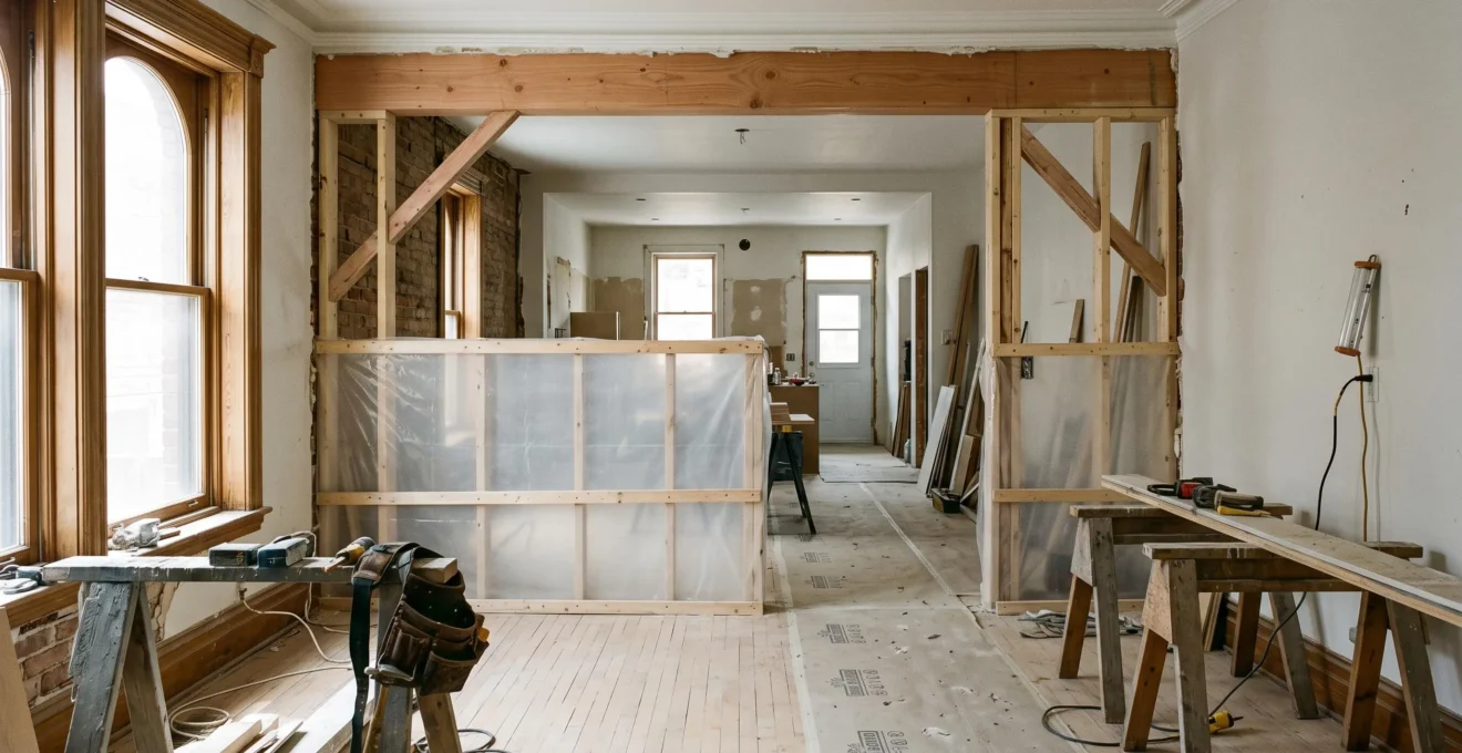 Salon d'un plex montréalais en travaux avec une cloison partiellement ouverte, une poutre apparente en bois et une protection translucide contre la poussière, la lumière naturelle traversant la nouvelle ouverture.